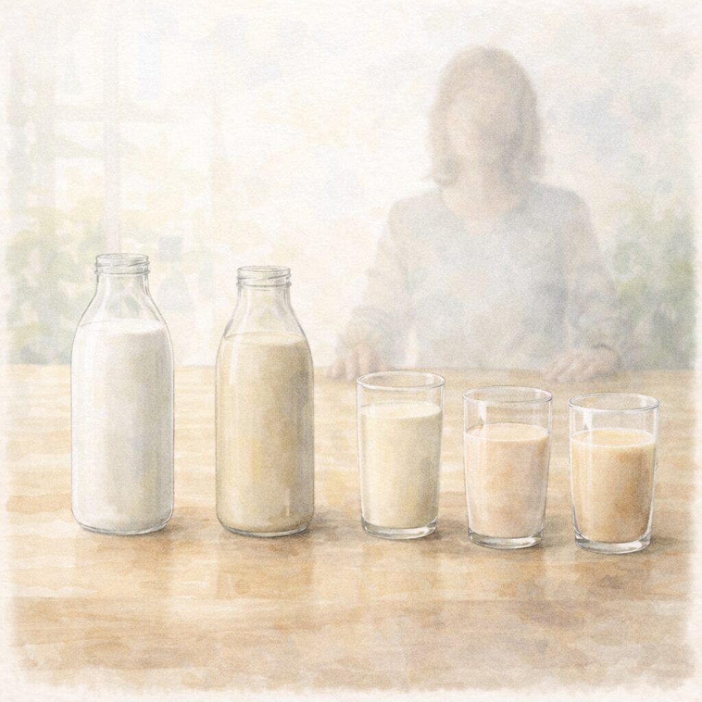 複数のミルクが並ぶテーブルを前に、背景で静かに見つめる人物の気配を描いた水彩イラスト。牛乳と植物性ミルクを自由に選べる状況を表現