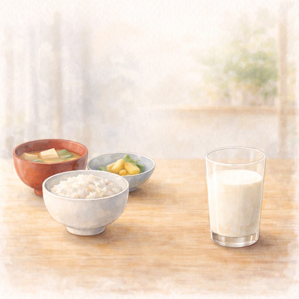 和食の朝食と牛乳を並べた水彩イラスト｜日本人はもともと牛乳が体質的に合いにくい人が多いことを表現