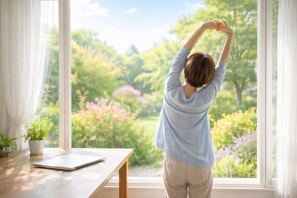 栄養の不安から距離を取り、自然光の差し込む窓辺で深呼吸する40代女性。心身を整えるライフスタイルのイメージ