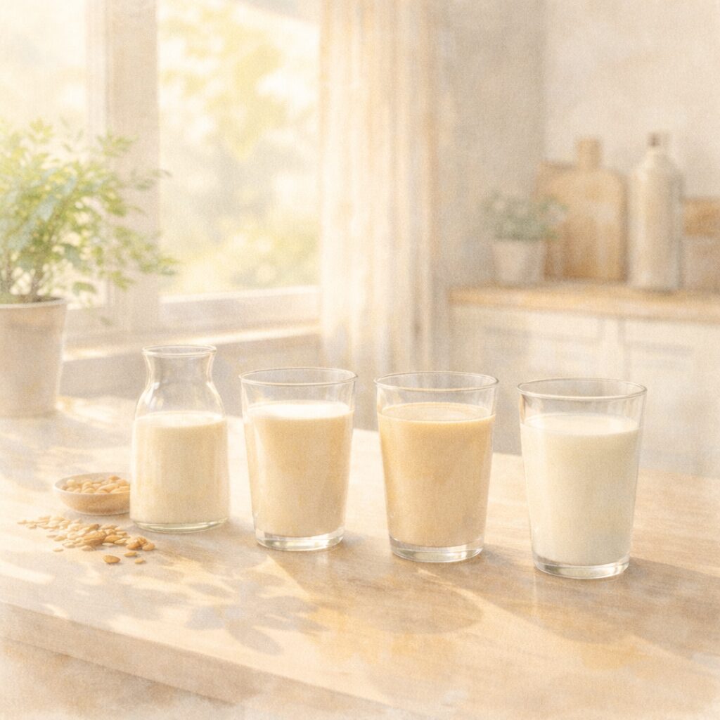 朝の光が差し込むキッチンで、牛乳や豆乳、オーツミルクなど複数のミルクが並ぶ様子を描いた水彩イラスト