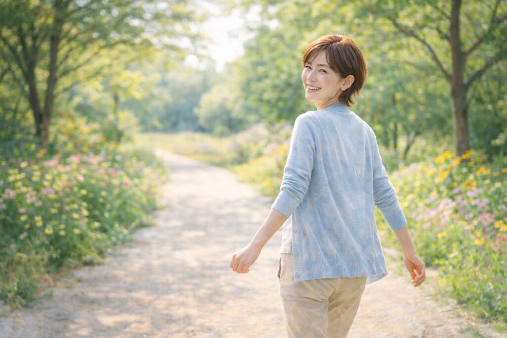 自然の中を前向きに歩く40代女性。栄養の不安に縛られず、新しい一歩を踏み出すライフスタイルの象徴
