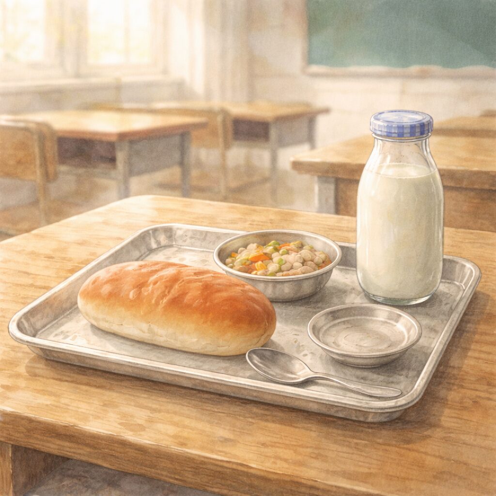 昭和時代の学校給食を再現した静物の水彩イラスト｜木製の机の上にコッペパンと牛乳瓶が置かれ、牛乳が当たり前になった背景を表現