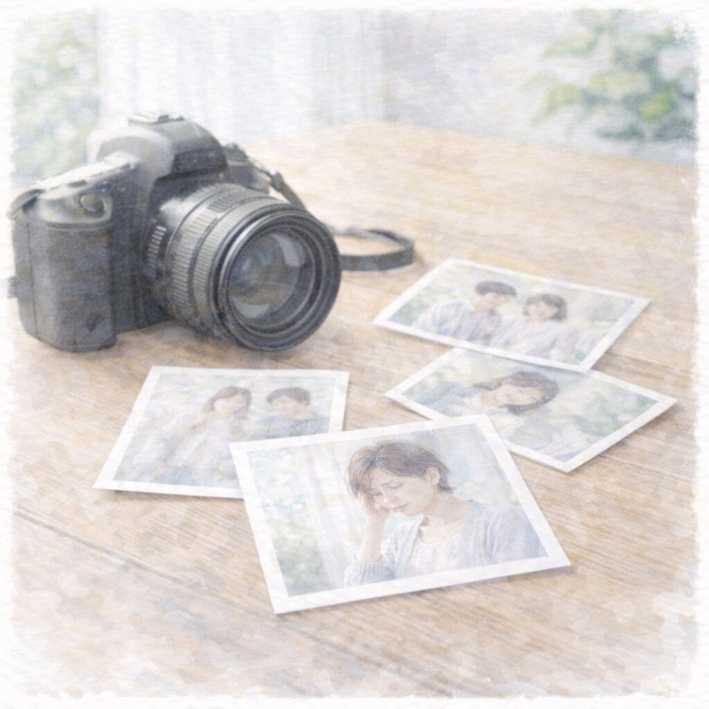 鏡や写真によって見た目の印象に不安を感じる様子｜ヴィーガンは老けると感じやすい心理のイメージ