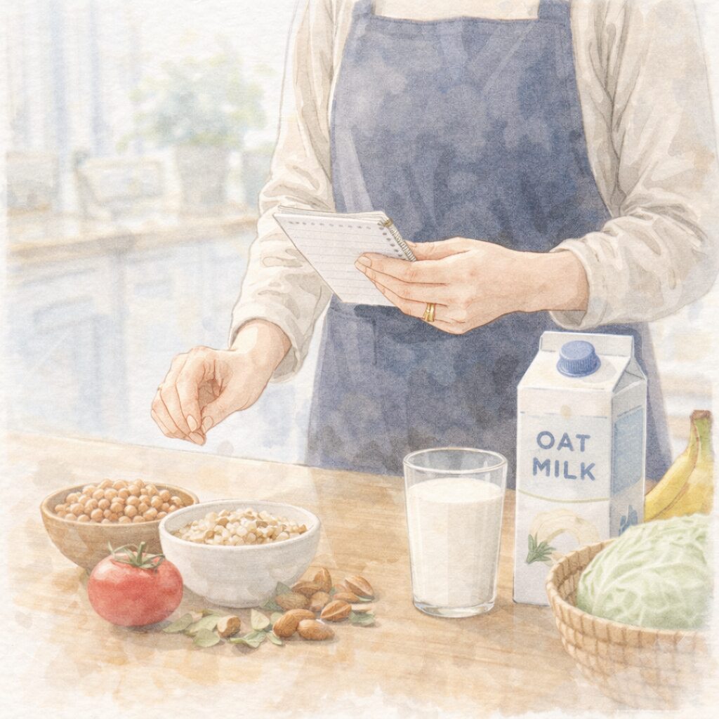 体の変化に合わせて食生活を見直すため、植物性ミルクや野菜を前に考える40代女性の手元を描いた水彩イラスト