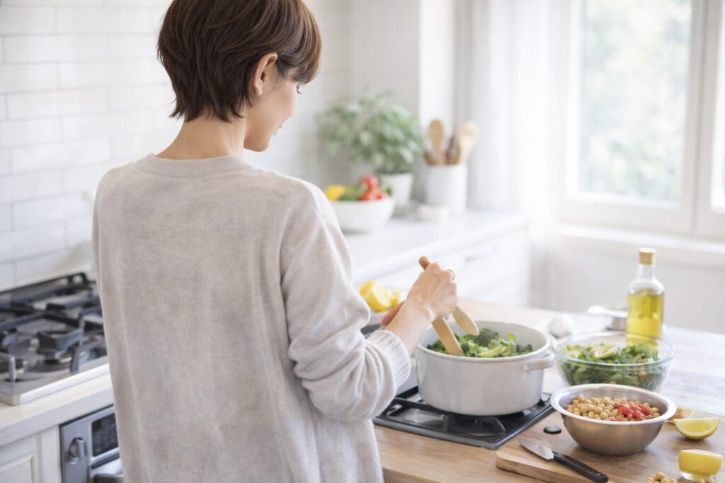 キッチンで料理をしている女性（写真・後ろ姿）