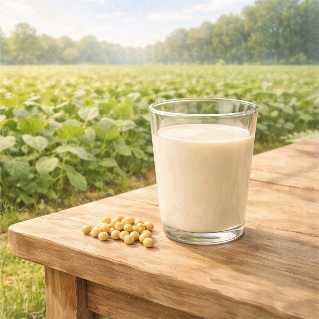 大豆畑の前に置かれた木のテーブルと豆乳のグラス｜豆乳は日本人になじみ深いヴィーガン牛乳の選択肢