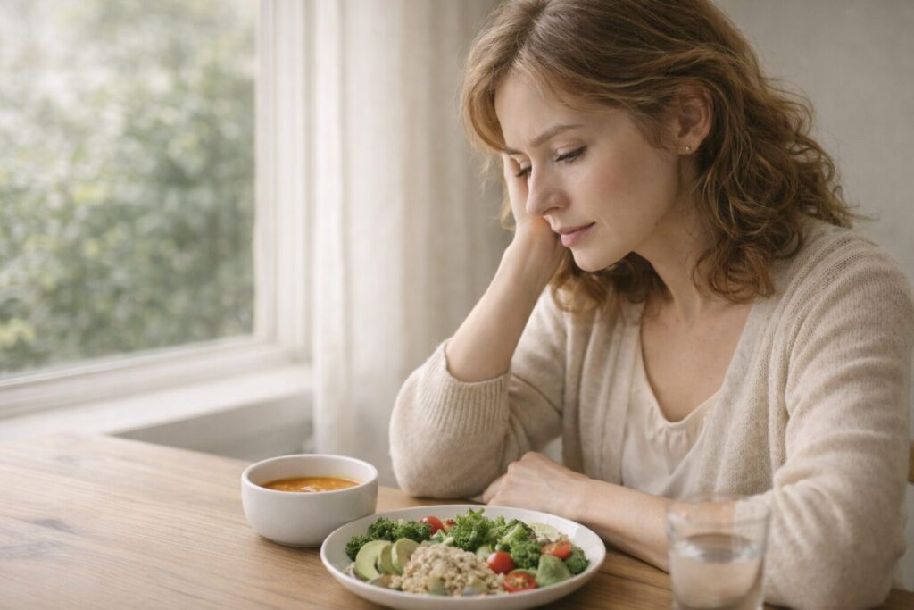 ヴィーガン食の並んだテーブルを前に、栄養や老ける不安について考え込む40代女性の様子