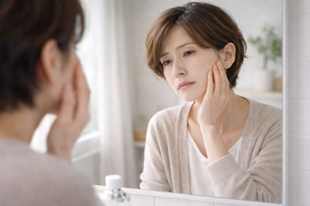 鏡を見ながら老けたと感じる40代女性。栄養不足や加齢への不安を表現した写真