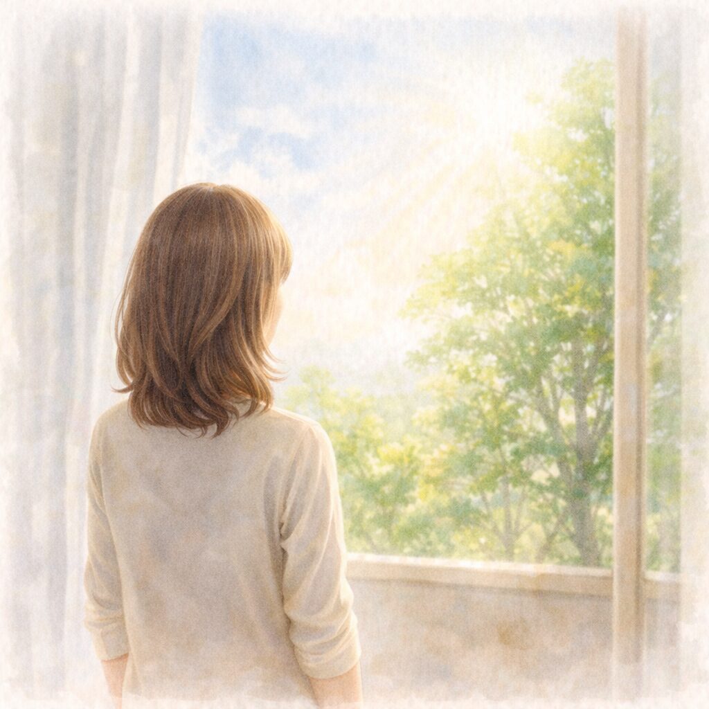 窓ぎわに立ち、自然光と豊かな緑を眺める女性の後ろ姿の水彩イラスト｜違和感をきっかけに暮らしや食の選び方を見直すタイミングを表現