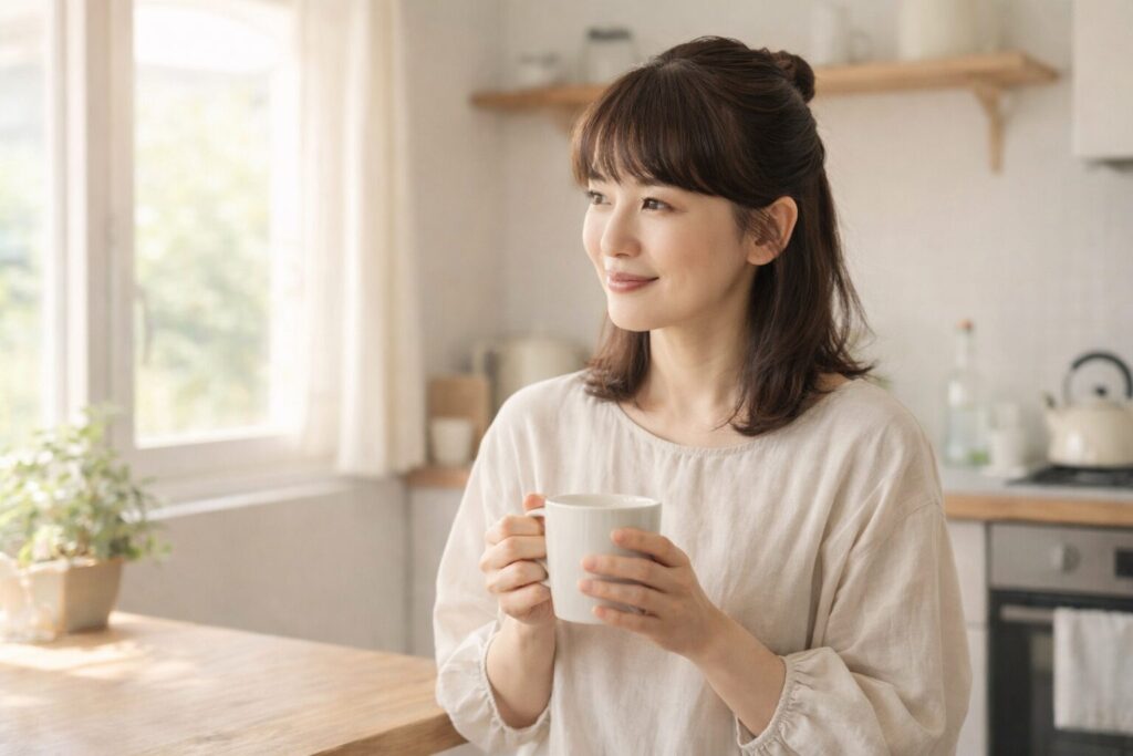 朝のダイニングで牛乳を前に考え込む40代の日本人女性｜牛乳が体に合わないと感じ始めた日常の一場面