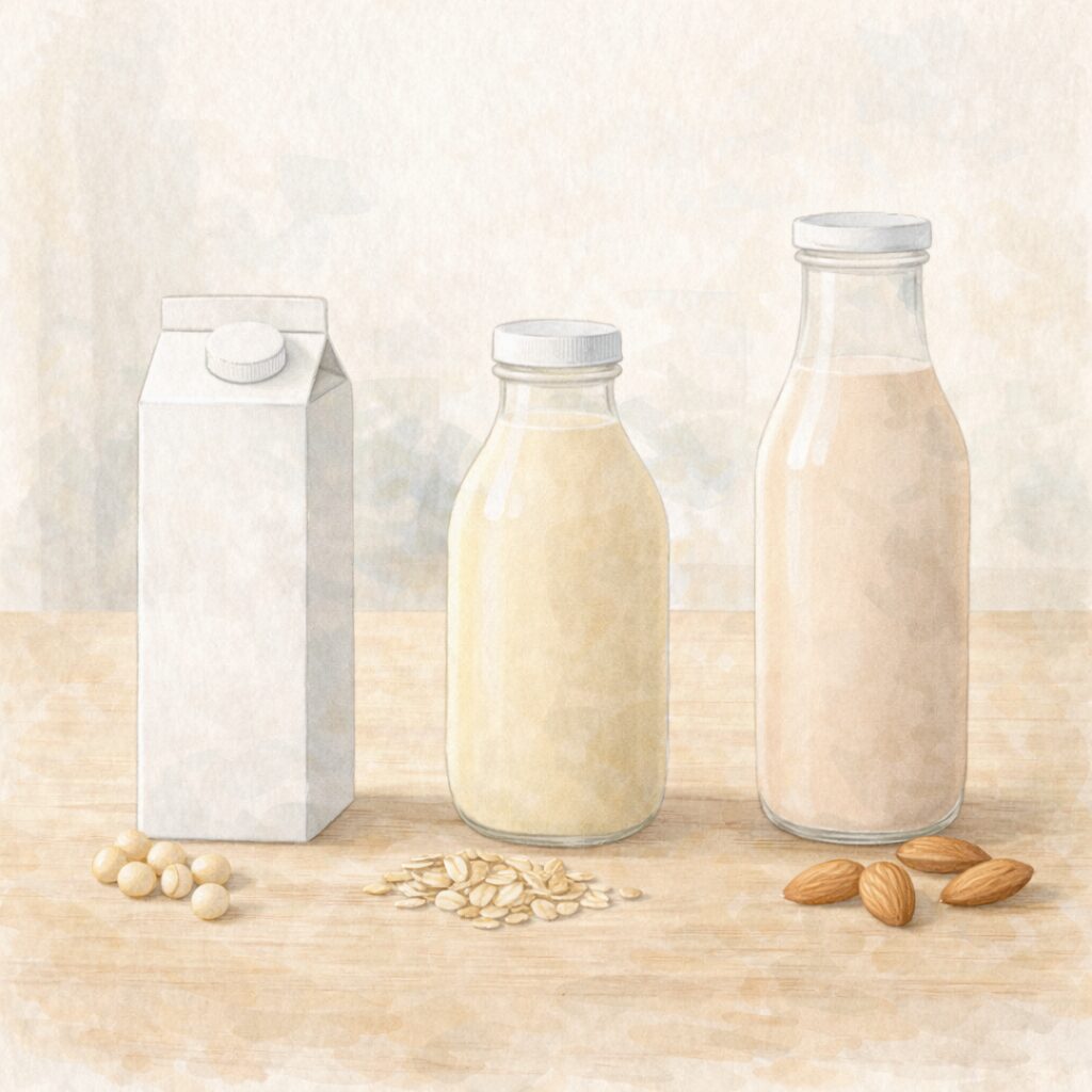 豆乳・オーツミルク・アーモンドミルクなど代表的な植物性ミルクを並べた水彩イラスト｜ヴィーガン牛乳とは何かを示すイメージ