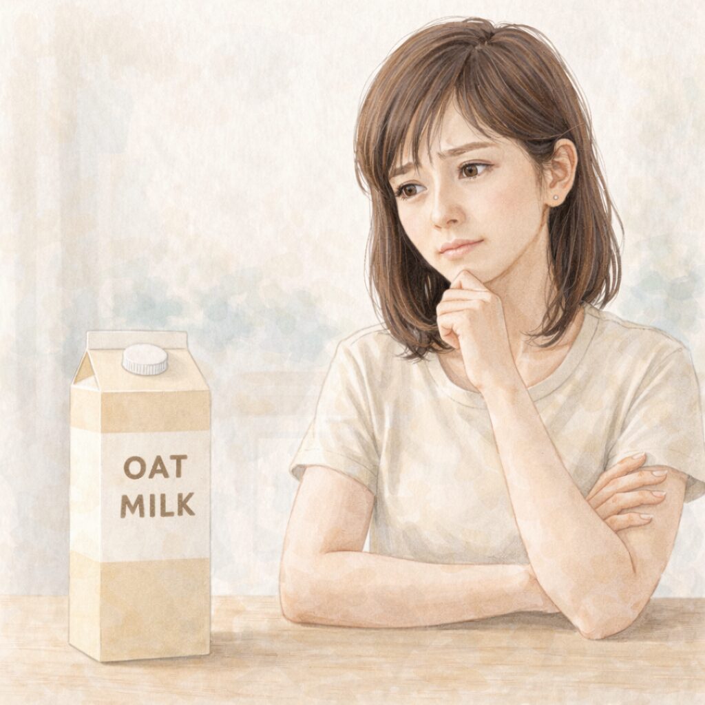 オーツミルクを前に腕を組んで考え込む女性の水彩イラスト｜ヴィーガン牛乳とは何かを理解するイメージ