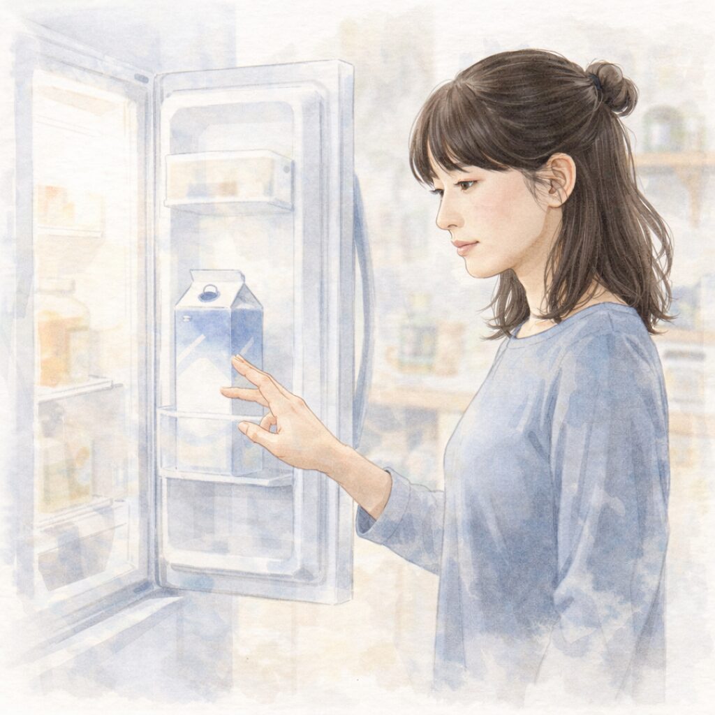 牛乳をやめることに迷い、植物性ミルクと牛乳を前に悩む40代の日本人女性を描いた水彩イラスト