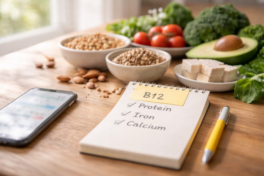 ヴィーガン食で不足しやすい栄養素（たんぱく質・鉄分・ビタミンB12）を確認する食卓のイメージ写真