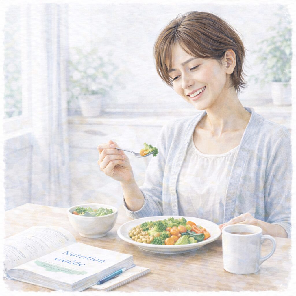 栄養を気にしすぎず食事を楽しむ女性｜完璧を目指さないヴィーガンの考え方