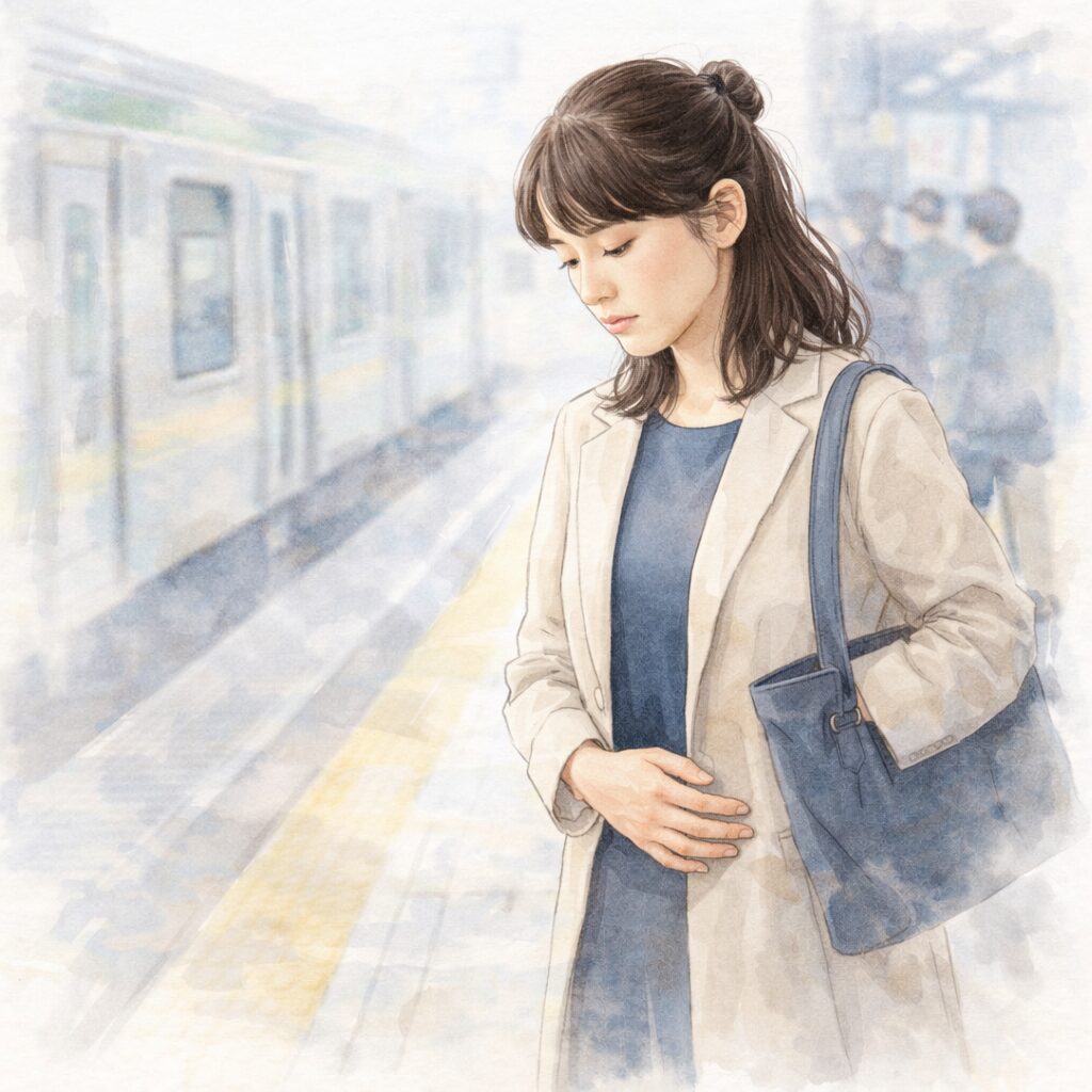 通勤中の駅のホームでお腹の張りに気づき、違和感を感じている40代の日本人女性を描いた水彩イラスト