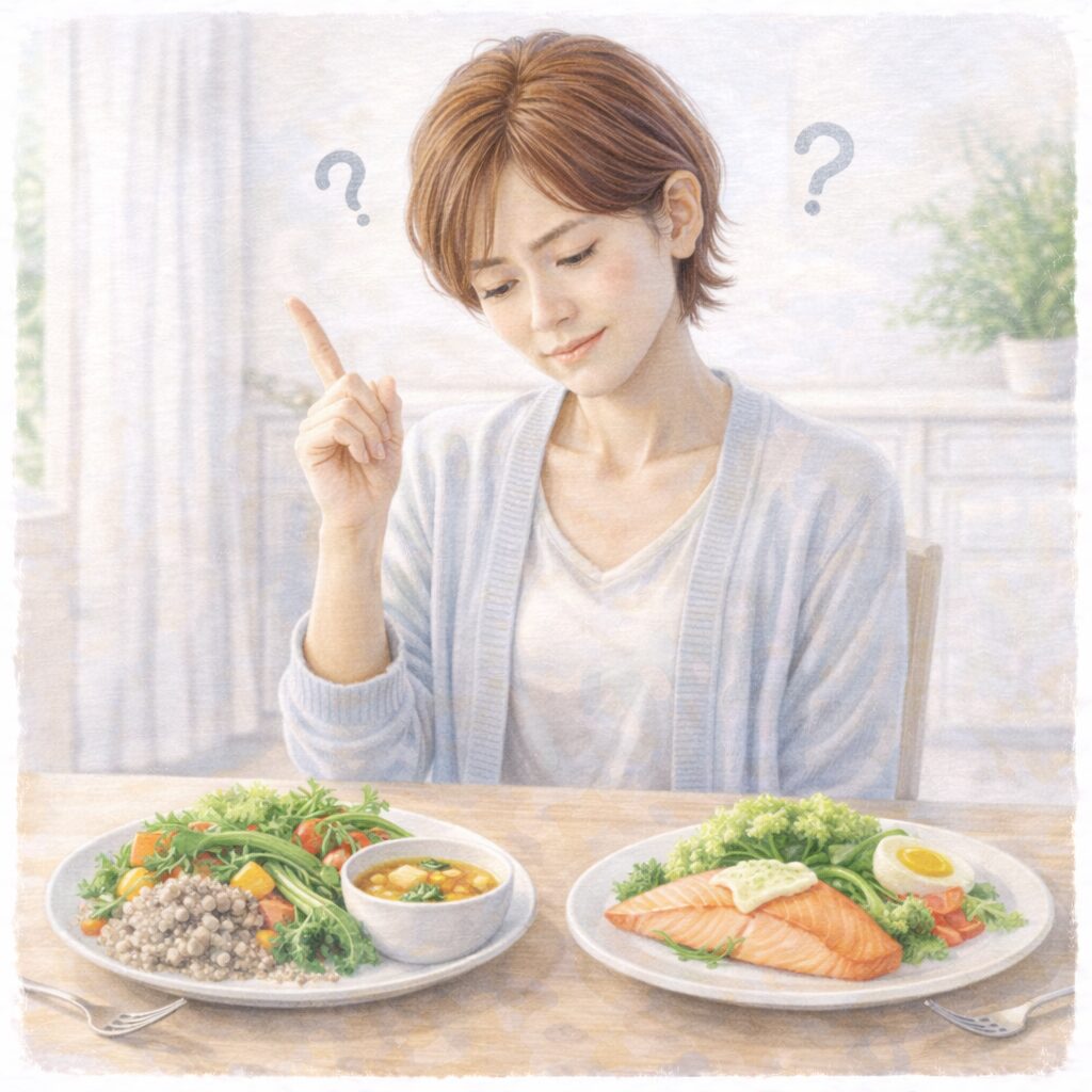 厳格なヴィーガン食と柔軟な食事の選択肢を前に考える女性。年齢に応じた栄養の考え方を示すイメージ