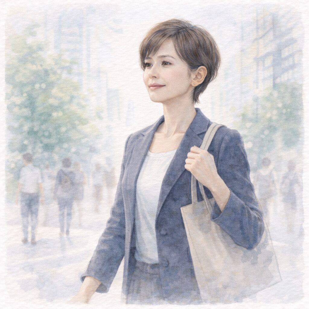 姿勢よく歩く女性の後ろ姿を描いた水彩イラスト。若々しい印象と姿勢の関係を表現