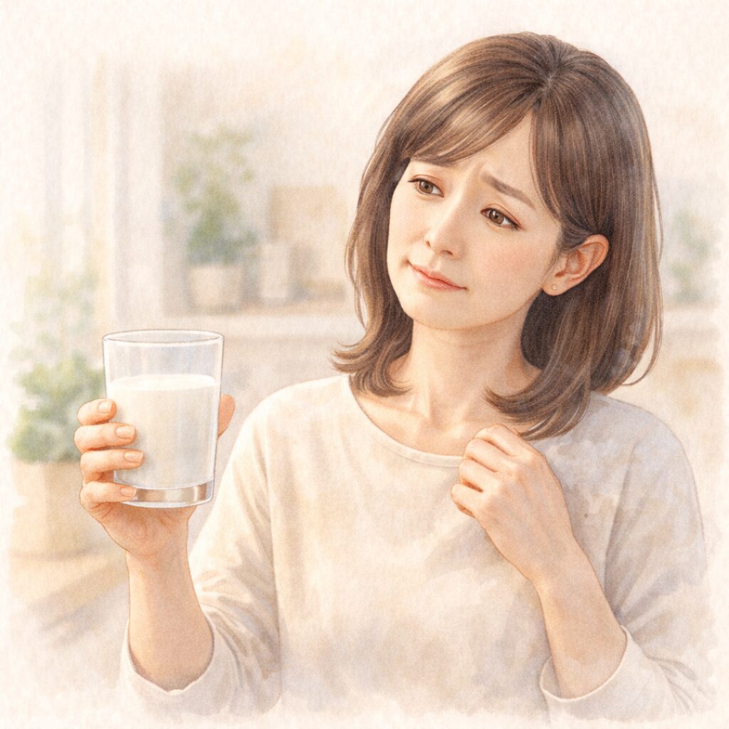40代女性が牛乳の入ったグラスを手に「あれ？」と違和感を感じている水彩イラスト｜年齢とともに乳糖を分解しにくくなるイメージ