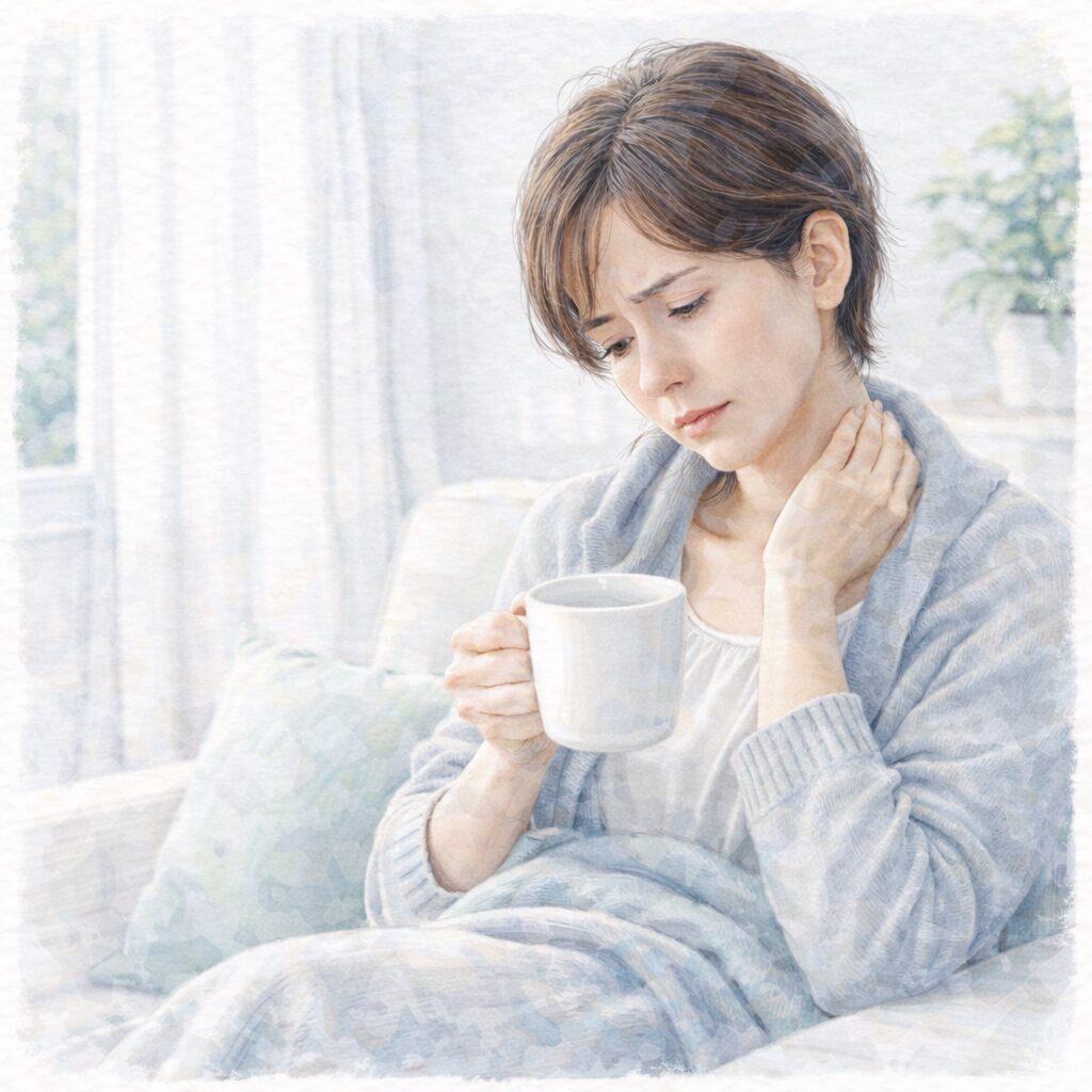 ソファで首に手を当て、マグカップを持つ女性（水彩・目を閉じている）
