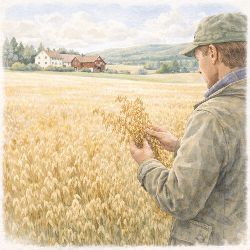 北欧のオーツ麦畑で収穫されたオーツ麦を手に取る農家の様子を描いた水彩イラスト。オーツ麦文化が根付く暮らしの風景