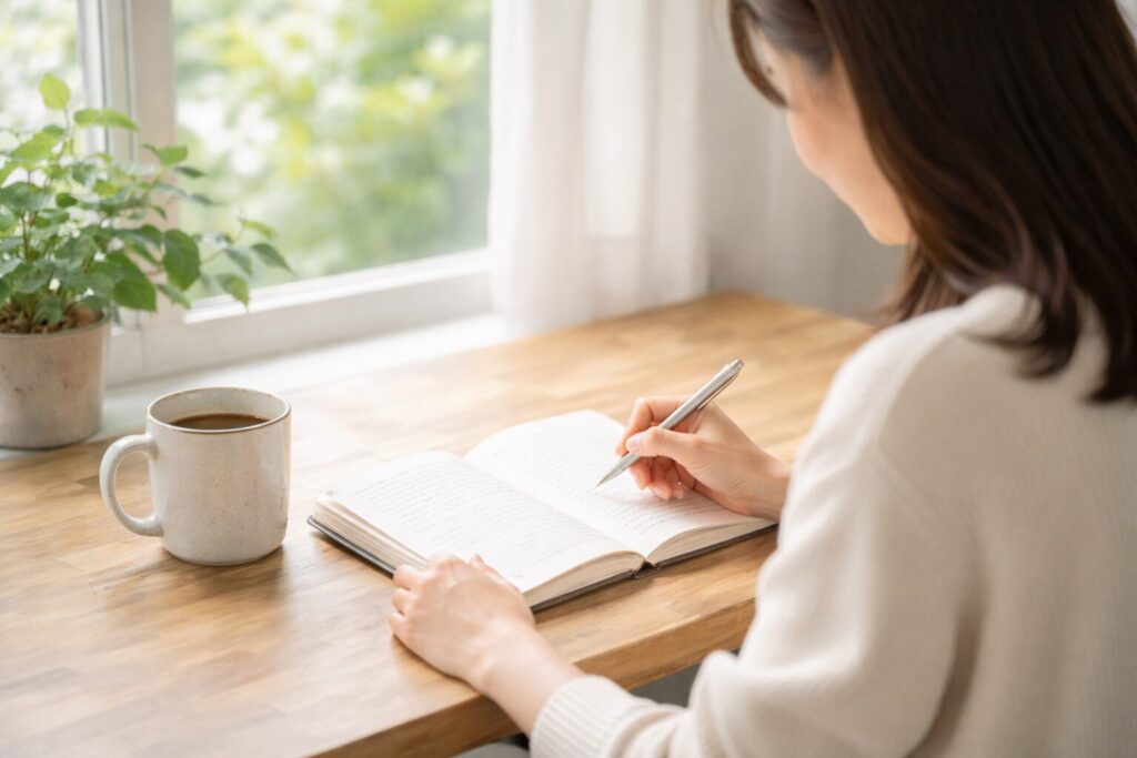 ヴィーガン牛乳について疑問を考える日本人女性。自宅の明るい空間でリラックスした表情を浮かべ、牛乳や植物性ミルクに関する質問をイメージした写真