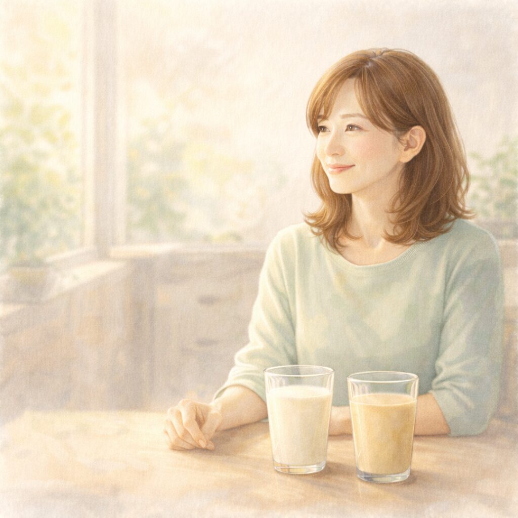 40代の日本人女性がテーブルに並んだ牛乳と植物性ミルクを前に、今の体に合う選択を穏やかに考えている水彩イラスト