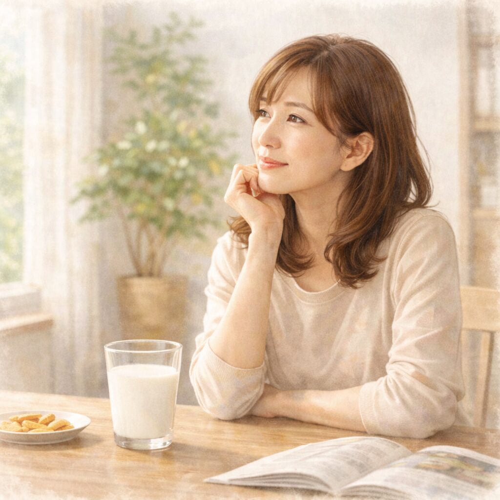 40代の日本人女性が牛乳の入ったグラスを前に、無理にやめるか悩まず穏やかに考えている様子の水彩イラスト