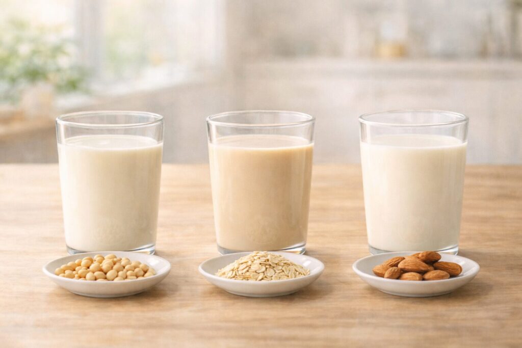 豆乳・オーツミルク・アーモンドミルクと原料を並べたヴィーガン牛乳の比較イメージ
