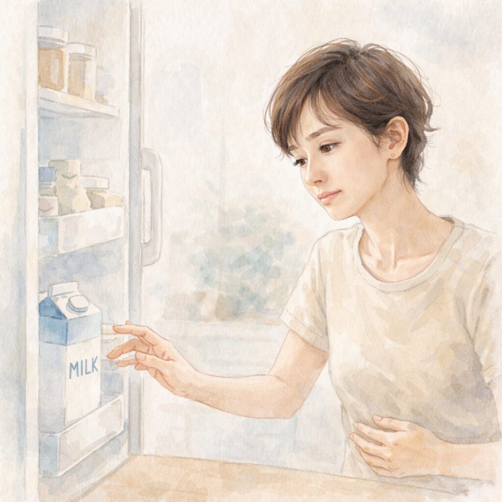 牛乳を飲むとお腹に違和感を覚え、冷蔵庫の牛乳に手を伸ばしかけて考える40代女性｜牛乳が合わなくなるサイン