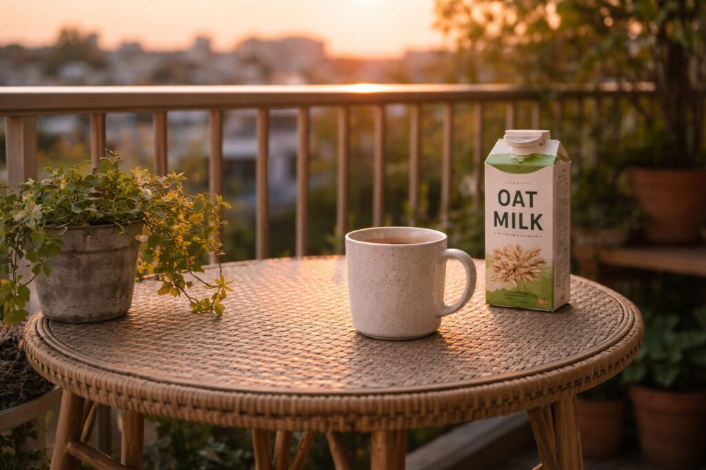 夕暮れのベランダで植物に囲まれながら、穏やかな時間を過ごす女性とヴィーガンミルクのある暮らしのイメージ