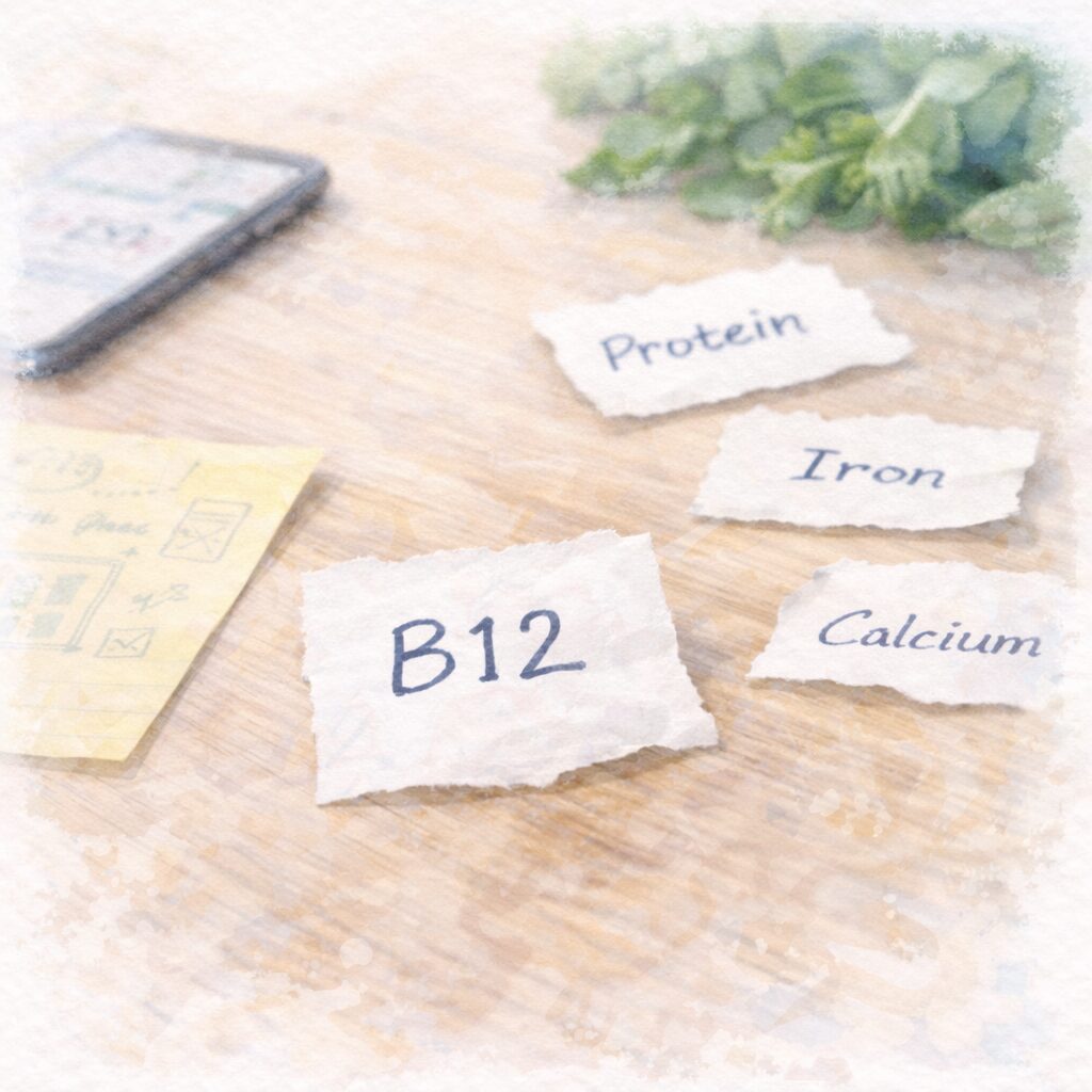 ヴィーガン栄養で話題になりやすいビタミンB12・鉄分・たんぱく質を象徴的に描いた水彩イラスト