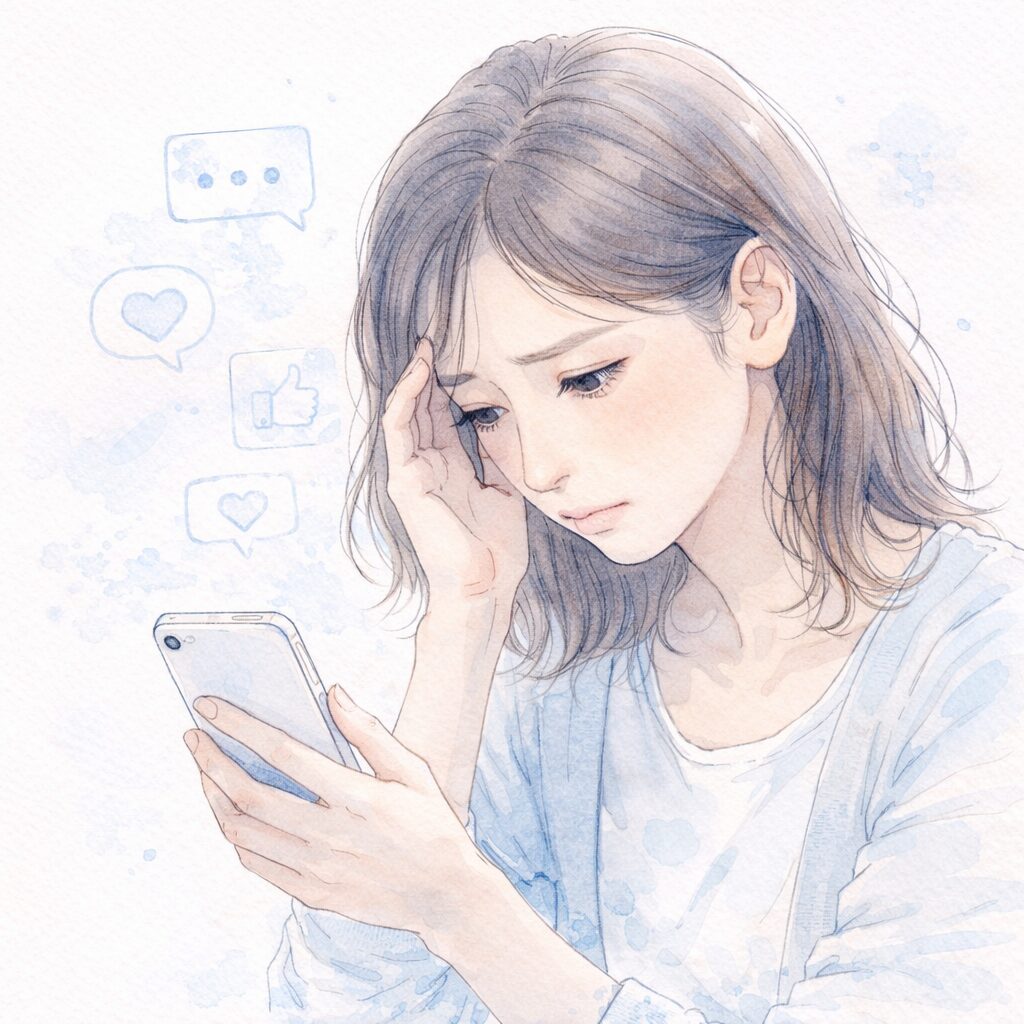 SNSの情報を見て不安そうに考え込む日本人女性を描いた水彩イラスト。スマートフォンを手に、淡い色調と白い余白のある繊細な線画で表現されている。