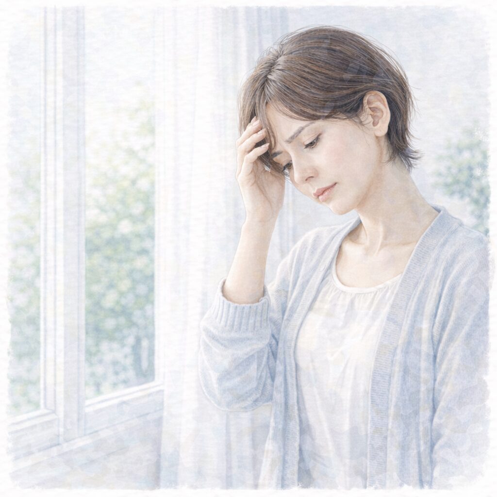 ソファでマグカップを見つめ、考え込む女性（水彩・不安寄り表情）