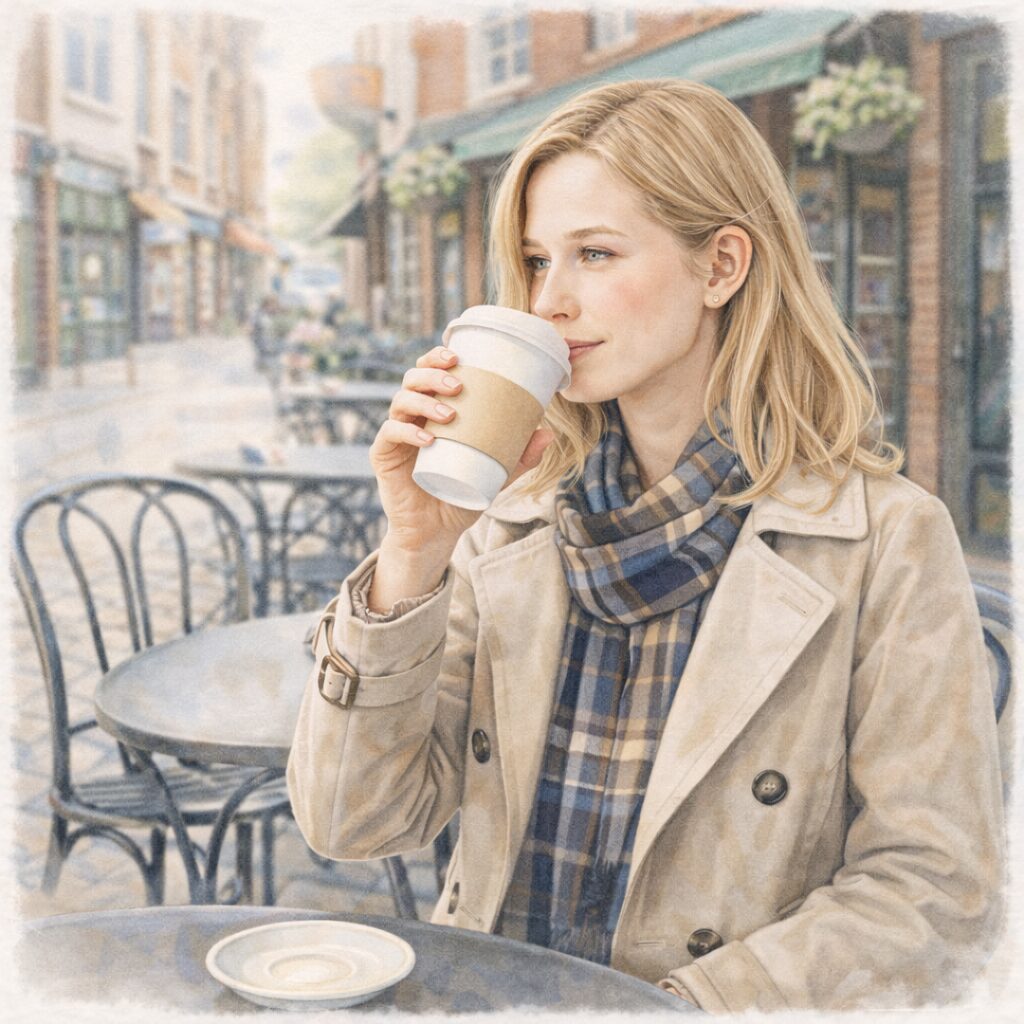 イギリスのカフェのオープンテラスで、オーツミルク入りコーヒーを飲む女性の様子を描いた水彩イラスト