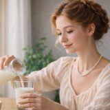 40代女性が植物性ミルクを注ぐ様子｜ヴィーガン牛乳を暮らしに取り入れるやさしい選択