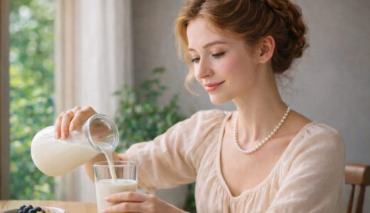 40代女性が植物性ミルクを注ぐ様子｜ヴィーガン牛乳を暮らしに取り入れるやさしい選択