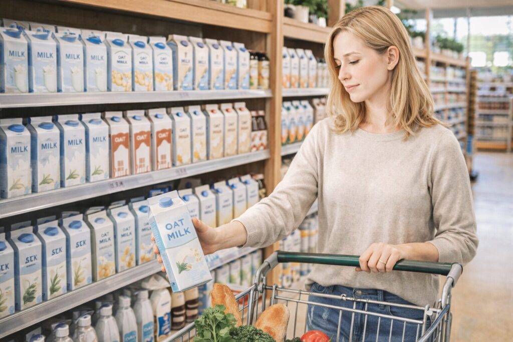 海外のスーパーマーケットでオーツミルクを選ぶ金髪の女性。牛乳以外の植物性ミルクが日常的に選ばれている様子