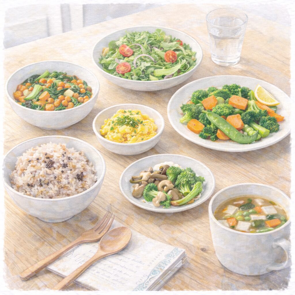 ヴィーガンの主食・副菜・野菜料理が揃った食卓。栄養不足と誤解されがちなヴィーガン食の実例を示すイメージ