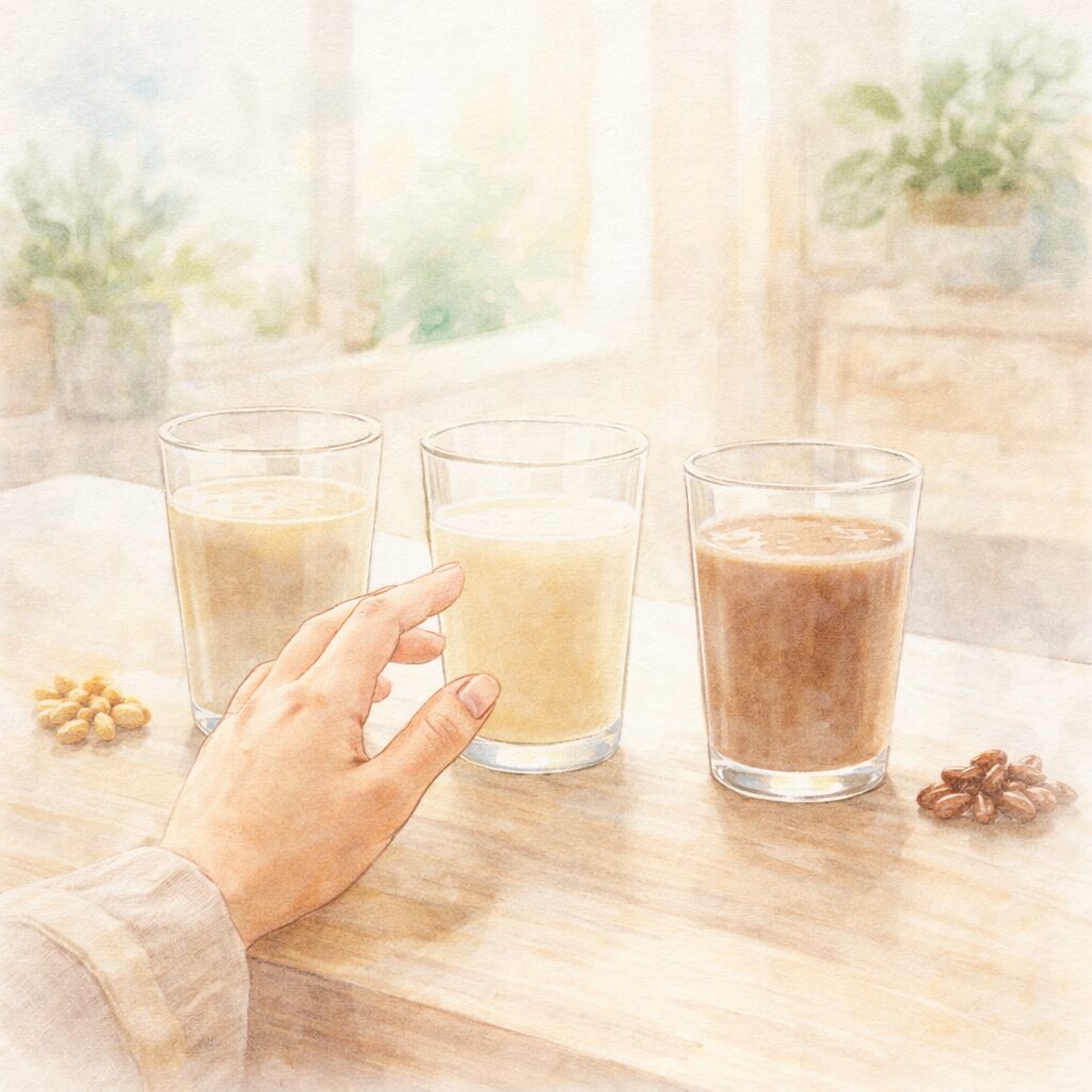 3種類のソイプロテインドリンクの中から一つを選ぼうとする手元を描いた水彩イラスト