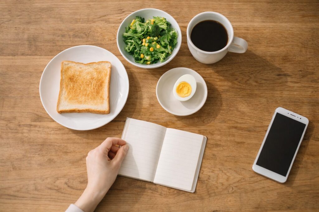 40代女性の朝食でたんぱく質が不足しがちなトーストとコーヒー中心の食卓の俯瞰写真