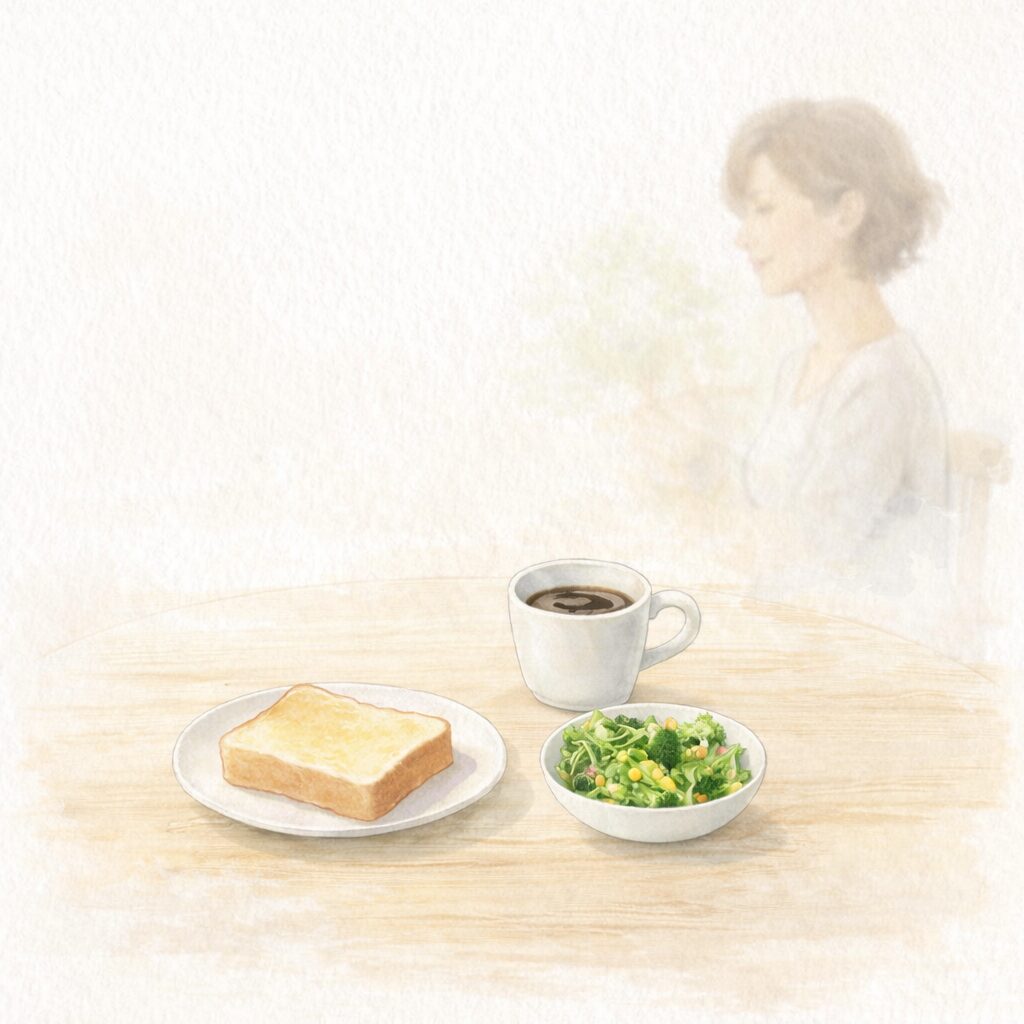 40代女性のたんぱく質不足を示す軽めの朝食の水彩イラスト