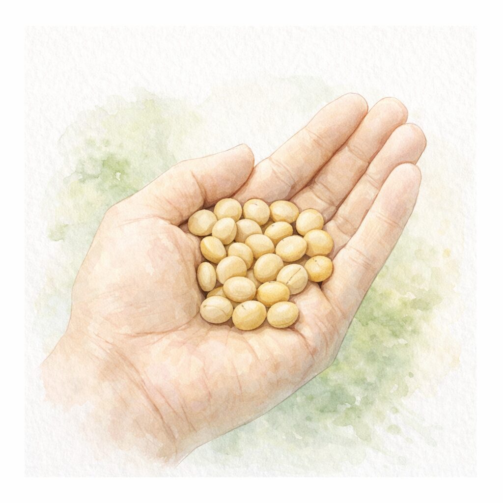 手のひらにのせた大豆をやさしく描いた水彩イラスト