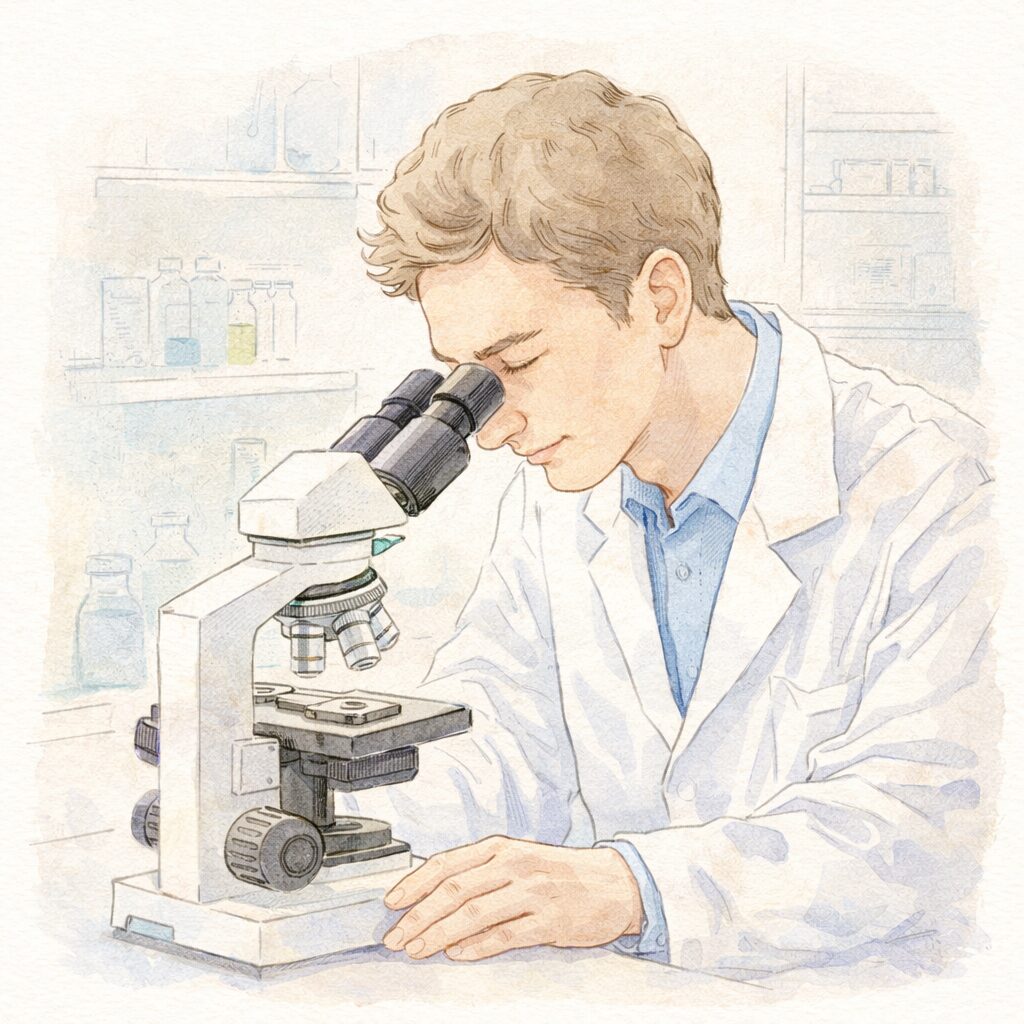 遺伝子組み換え大豆について研究する研究者が顕微鏡を使って調べている様子