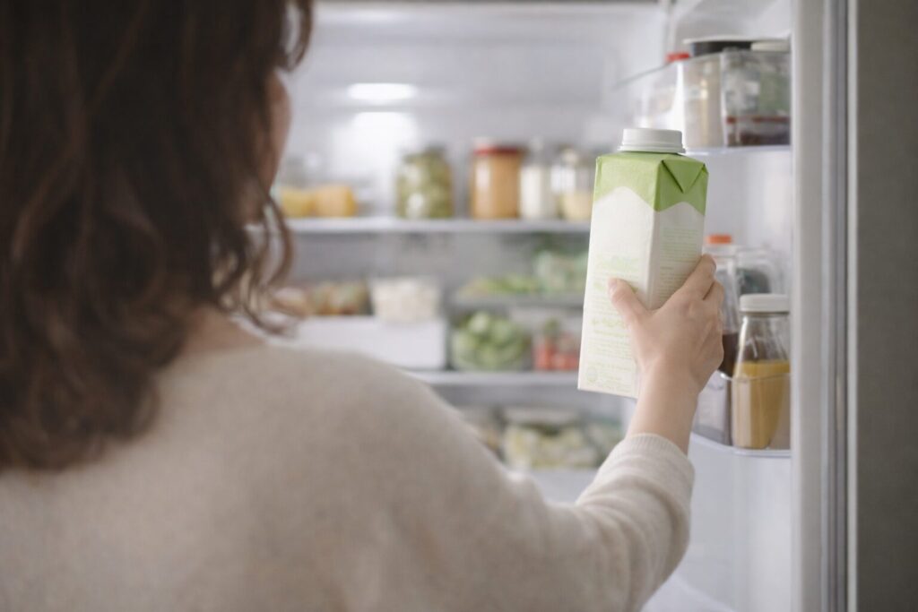 冷蔵庫を開けて豆乳パックを手に取る女性の後ろ姿。今の体調や生活に合わせて豆乳を選び直す様子を表した写真