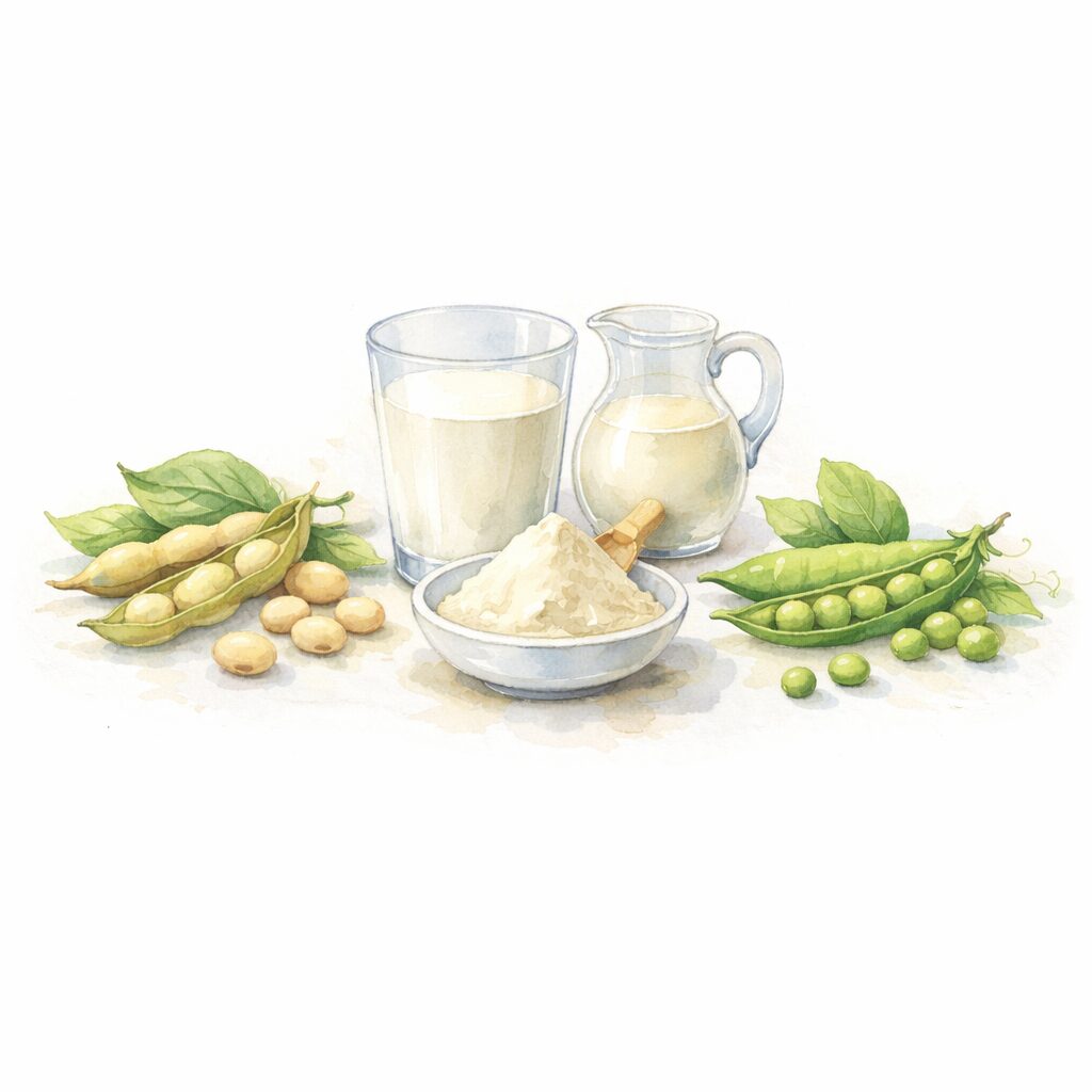 大豆・牛乳・エンドウ豆とプロテイン粉を画面いっぱいに描いた水彩イラスト