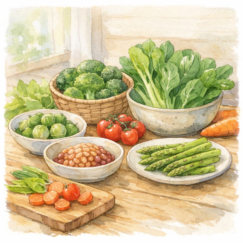 ブロッコリーや葉物野菜、アスパラガスなど、様々な野菜が並ぶ食卓の水彩イラスト