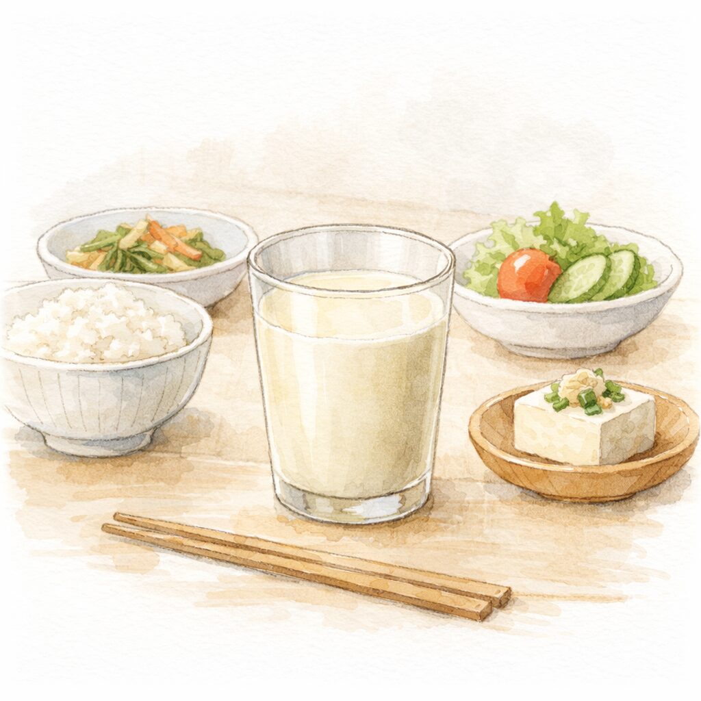 食卓に並ぶ豆乳とシンプルな料理を描いた水彩イラスト｜豆乳のたんぱく質の特徴を表すイメージ