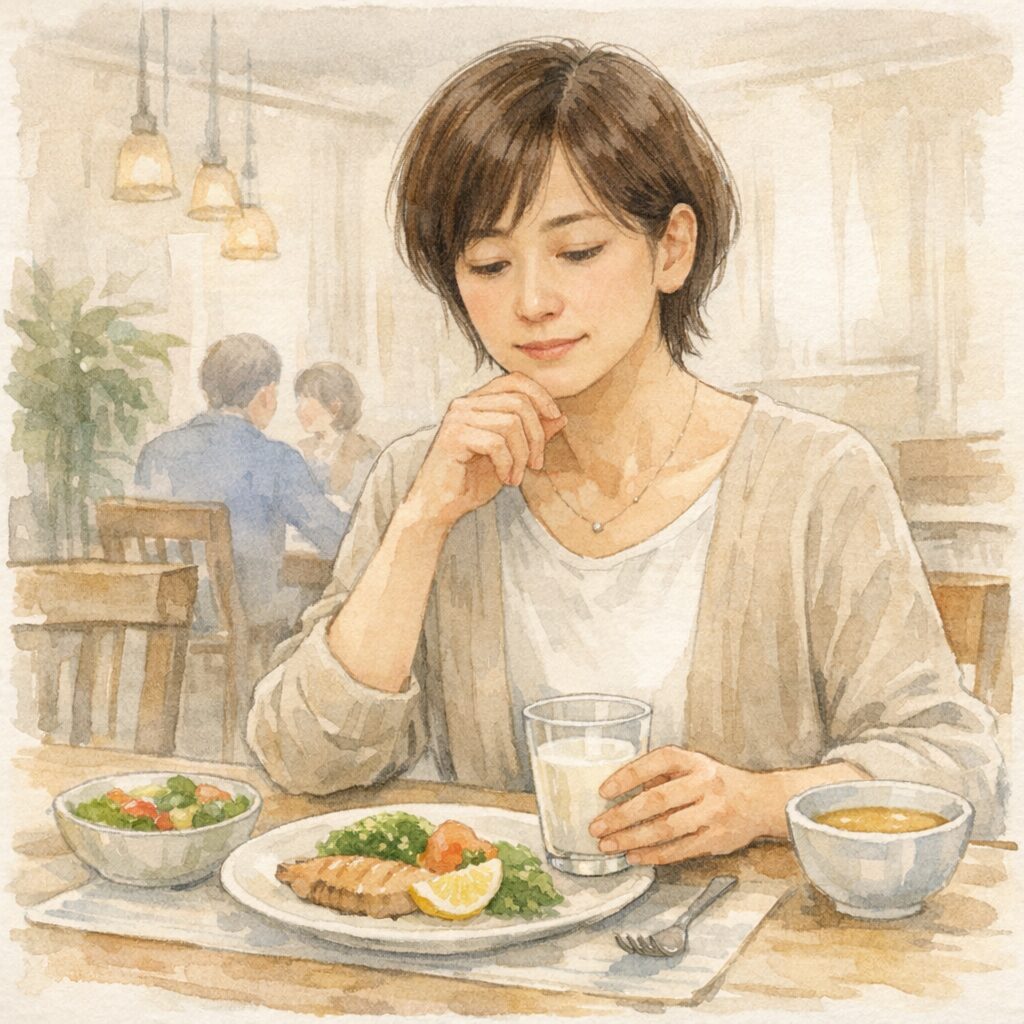 レストランで食事を前に食生活を見直そうと考える女性を描いた水彩イラスト