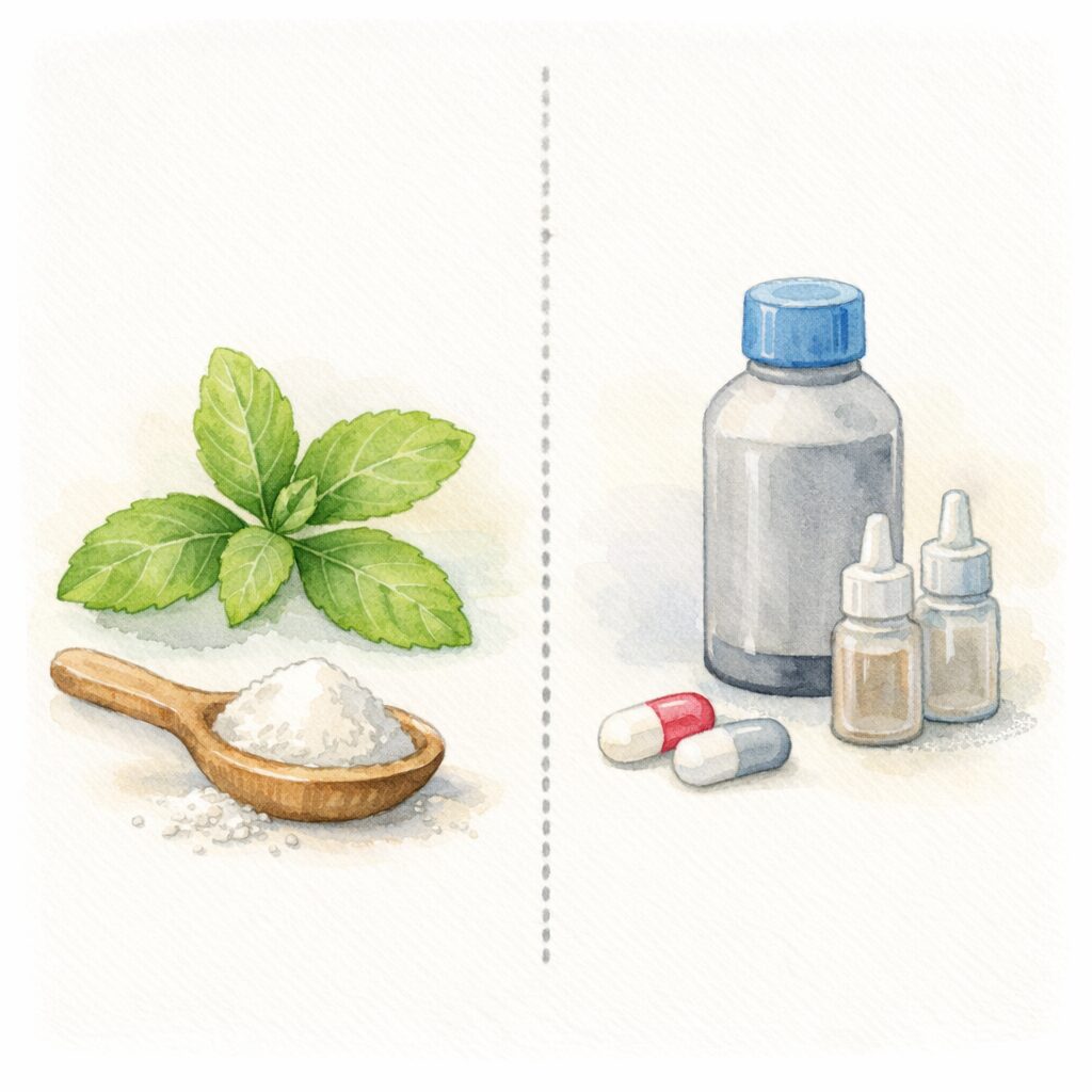 ステビアの葉と白い甘味料、人工甘味料のボトルやカプセルを対比して描いた水彩イラスト
